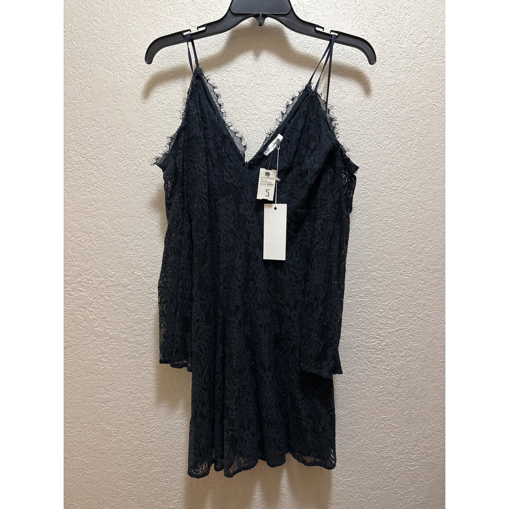 Lush Black Lace Cold Shoulder Mini Dress V Neck Spaghetti Strap Size S‎